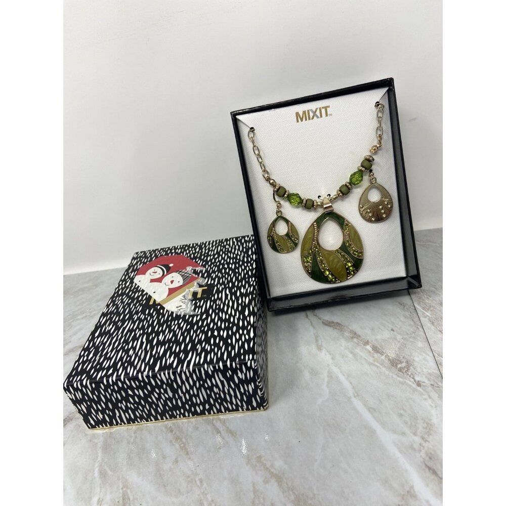 MIXIT Necklace Earring Set In Box Beaded Gold Tone Enamel Gift Statement Women